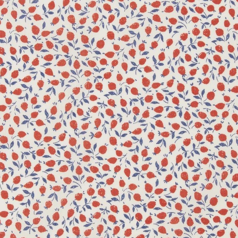 Liberty Ed print with tomato red Rosehips on a white background
